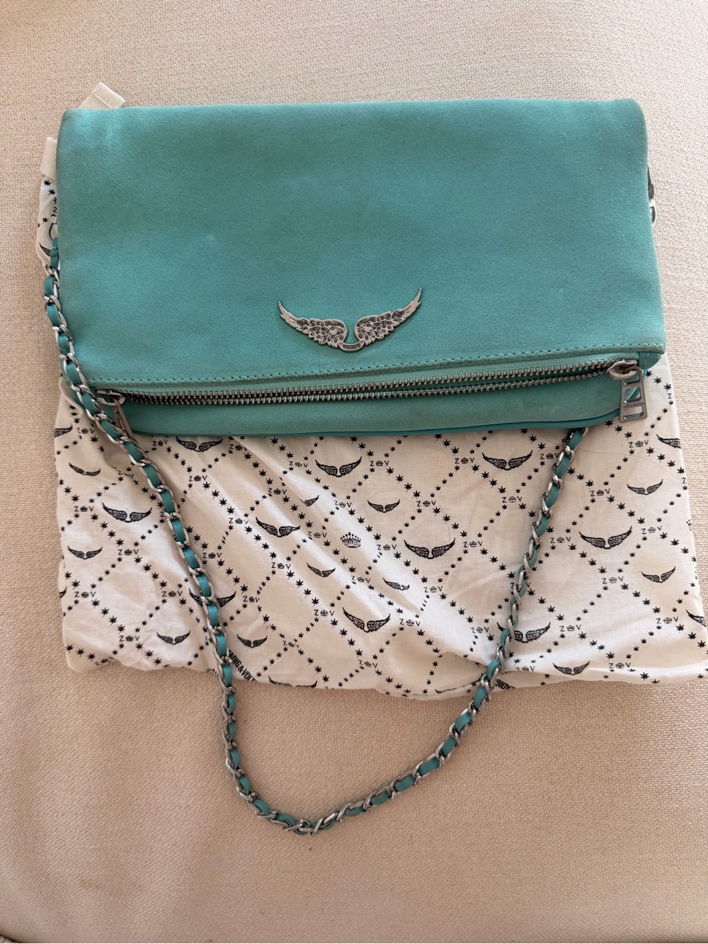 Zadig & Voltaire Turquoise/Aqua Fold-Over Chain Crossbody / clutch Bag